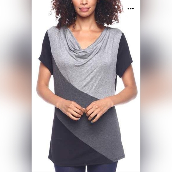 Magic Fit -Light Gray Black & Charcoal Color Block Drape Top - Women -NWOT - Picture 4 of 9